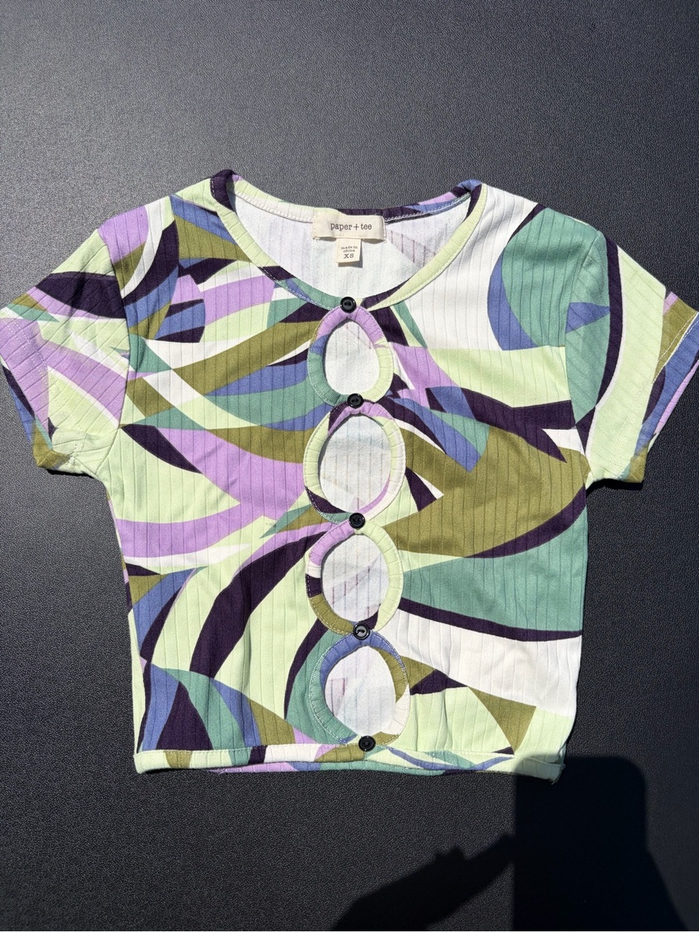 paper + tee Abstract Circle-Front Ribbed Crop Top in Pastels